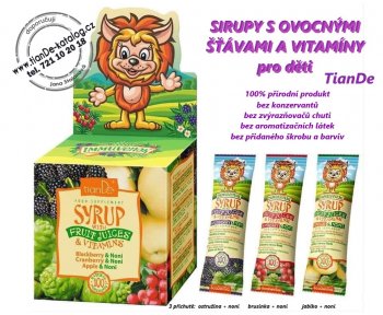 SIRUPY S OVOCNÝMI ŠŤÁVAMI A VITAMÍNY pro děti, TianDe, ostružina, brusinka, jablko, noni